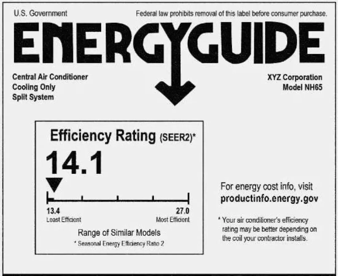 Air conditioner EnergyGuide label showing a 14.1 SEER2 rating