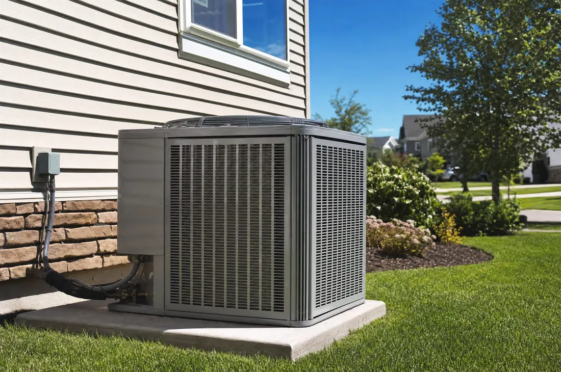 Central air conditioner condenser beside a house
