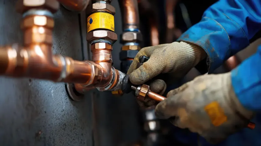 Gloved hands tightening a copper pipe connection