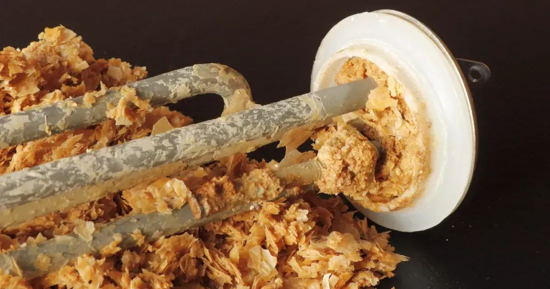 Heavy mineral buildup on a water heater heating element