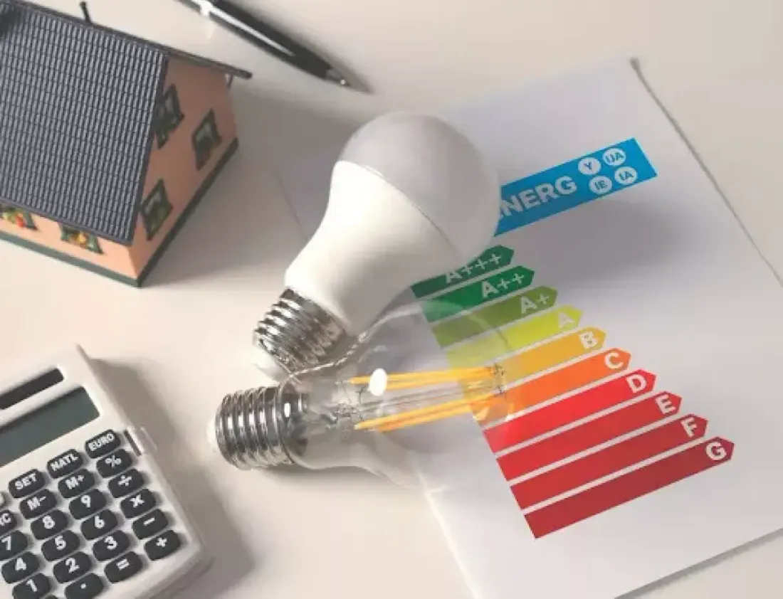 Light bulbs beside a home energy efficiency chart
