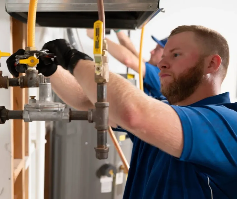 MSP technician adjusting gas line valves near a water heater