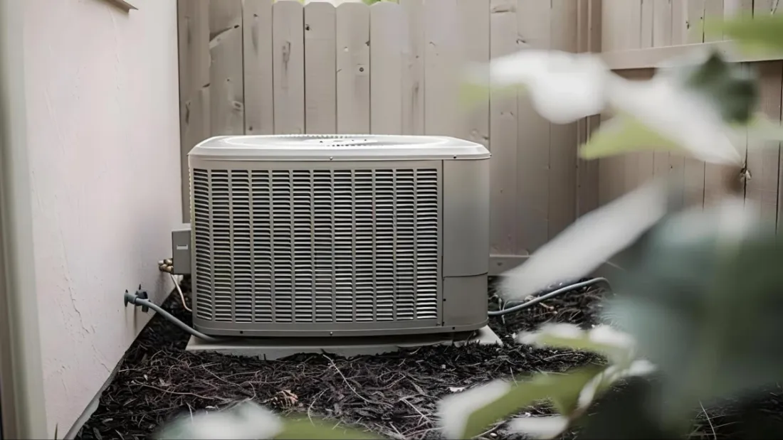 Outdoor air conditioner beside a house and fence