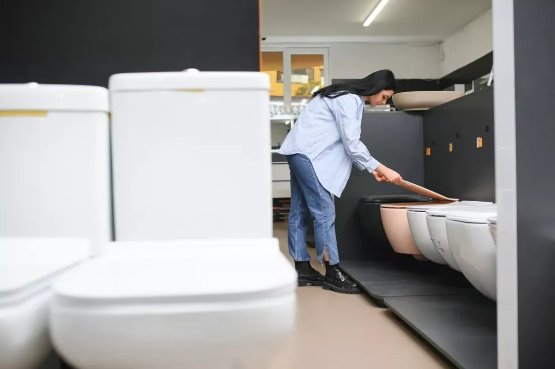 Plumber inspecting toilets in a bathroom showroom