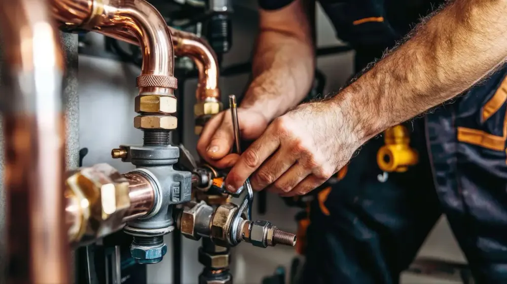 Plumber repairing copper plumbing connections