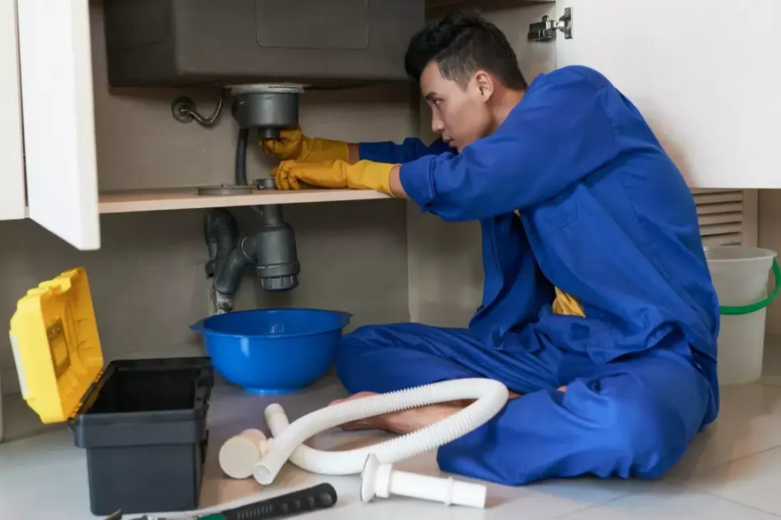 Plumber repairing the drain under a kitchen sink