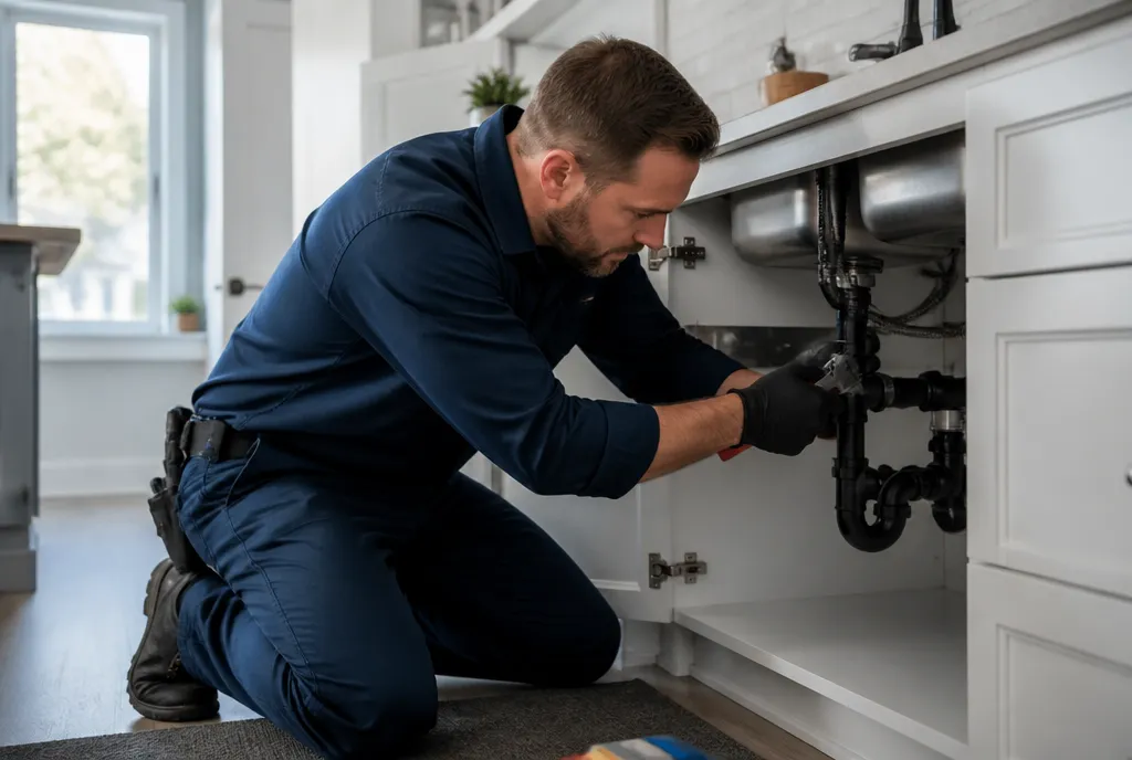 Plumber repairing pipes under a kitchen sink
