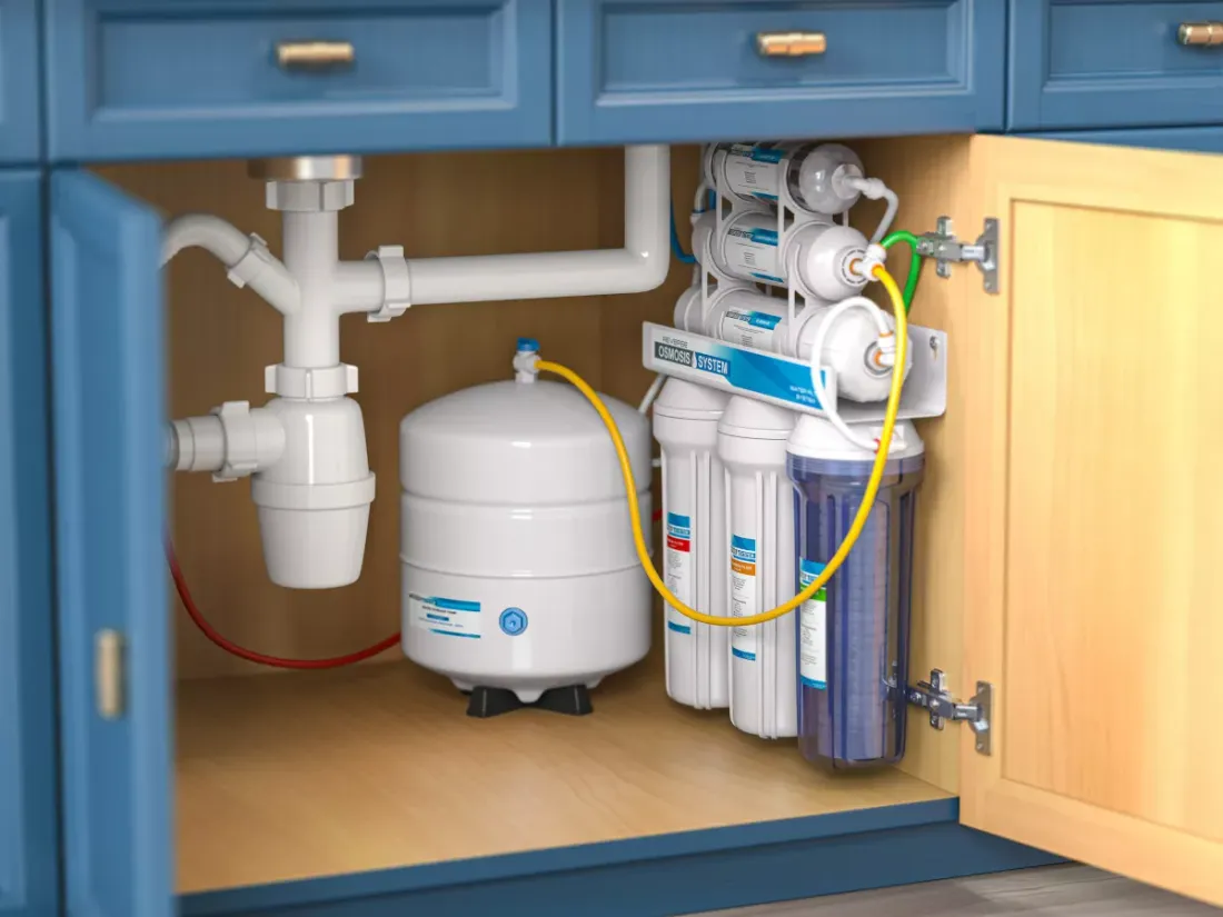 Reverse osmosis system installed under a kitchen sink