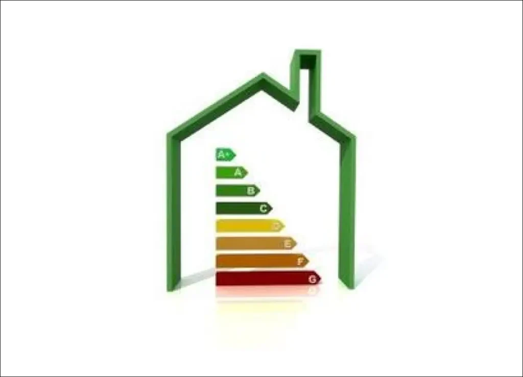 Illustration of a house-shaped outline with an energy efficiency rating scale from A+ (green, most efficient) to G (red, least efficient) inside.
