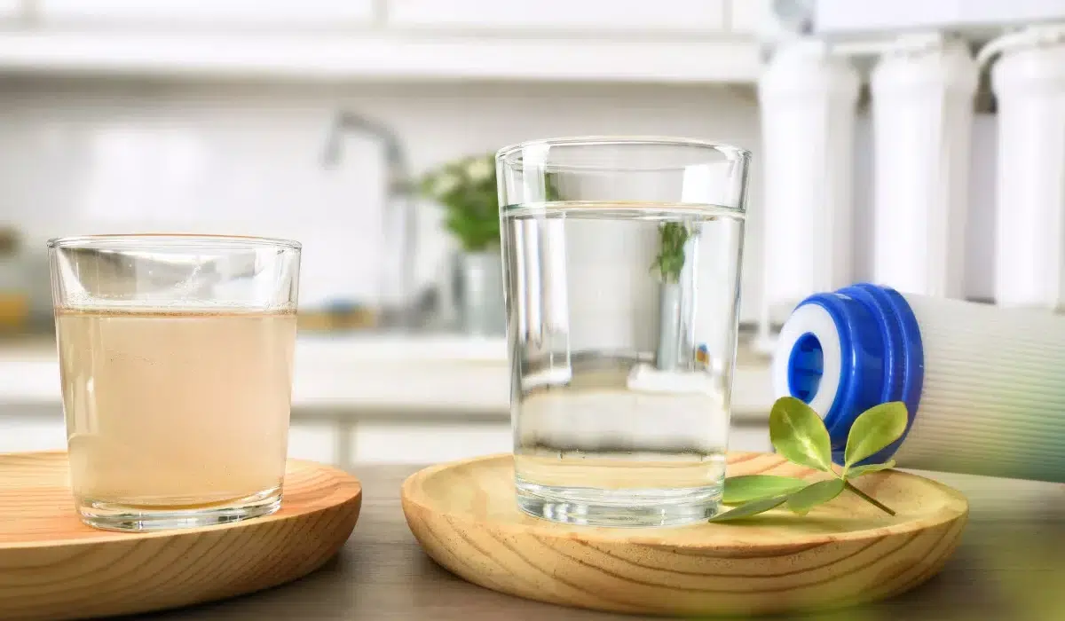 a glass of clear and water and a cloudy water with a filter  by the side